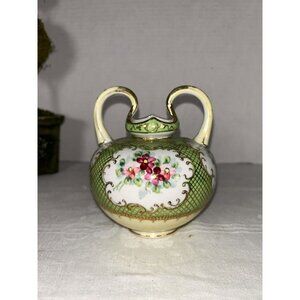 Unmarked Nippon Japan Hand Painted Porcelain Handled Vase Green & Gold Floral